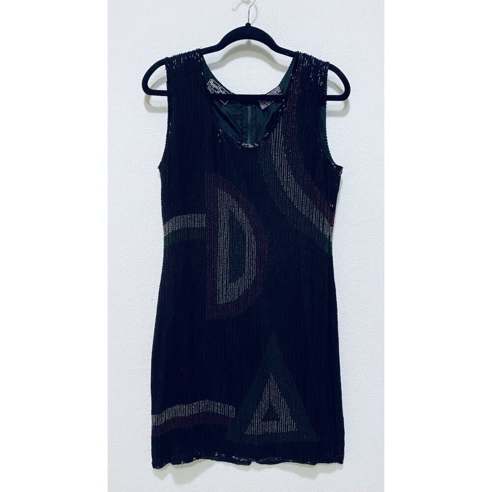 Royal Feelings Dress Womens Medium Black Beaded Geo Print Slinky Retro Holiday